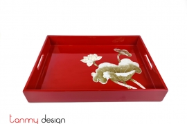 Red rectangular lacquer tray with hand-painted lotus 28*38*H4cm